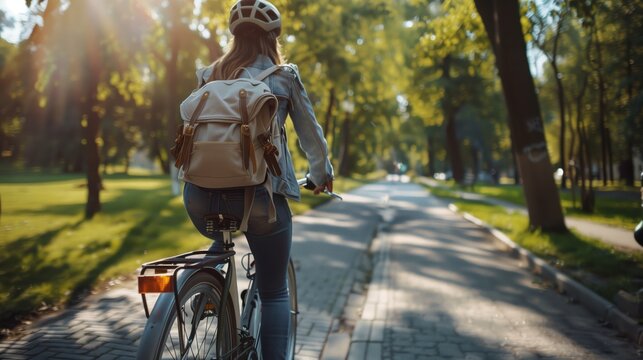 Back view of a young woman wearing a helmet and backpack while riding a bicycle through a green park. The image captures freedom, movement, and an active lifestyle, perfect for themes of travel.