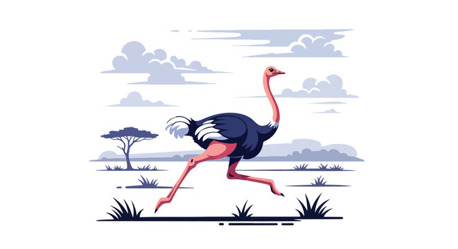 Flat style illustration of ostrich running in open savanna with grass and horizon, representing speed, wildlife diversity, and natural safari environment