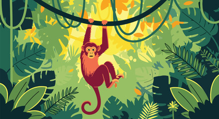 Flat style illustration of monkey hanging from vines in dense jungle with green leaves and sunlight, representing playful wildlife and tropical rainforest environment © Amie