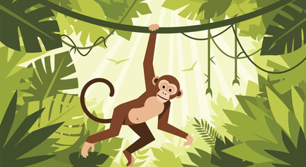 Flat style illustration of monkey hanging from vines in dense jungle with green leaves and sunlight, representing playful wildlife and tropical rainforest environment © Amie