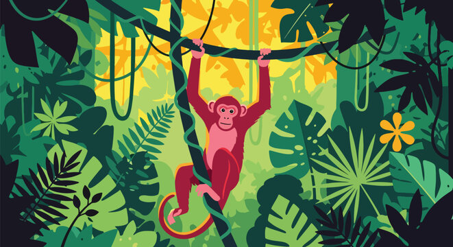 Flat style illustration of monkey hanging from vines in dense jungle with green leaves and sunlight, representing playful wildlife and tropical rainforest environment