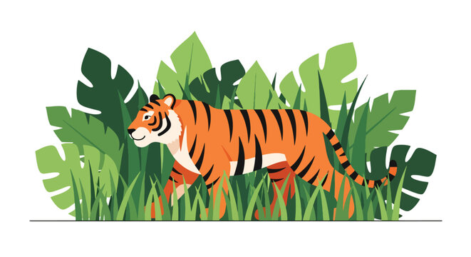 Flat style illustration of tiger walking through jungle with tall grass and forest background, symbolizing strength, predator instinct, and wild nature environment