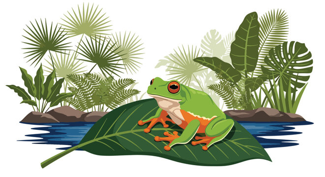 Flat style illustration of frog sitting on leaf near water in rainforest with plants background, representing amphibian life, biodiversity, and tropical ecosystem