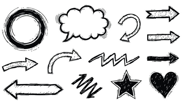 Sketch line arrow element, star, heart shape. Hand drawn doodle sketch style circle, cloud speech bubble grunge element set. Arrow, star, heart brush decoration. Vector