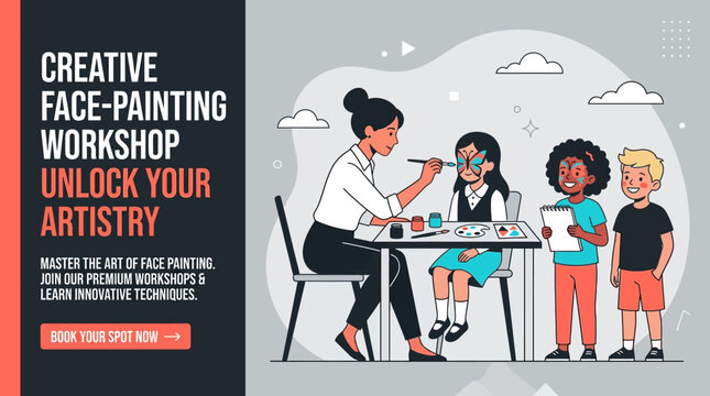 Creative Face-Painting Workshop Banner with Teacher and Children, Vector Illustration for Kids Art Class, Educational Event, and Professional Makeup Artist Training