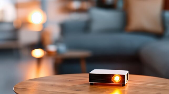 Portable mini projector on wooden table in cozy living room with warm ambient lighting