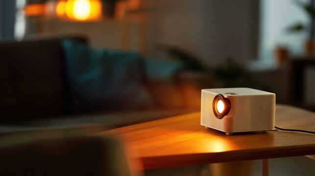 Compact home projector on wooden coffee table in cozy living room with warm ambient lighting, ideal for movie night or streaming.