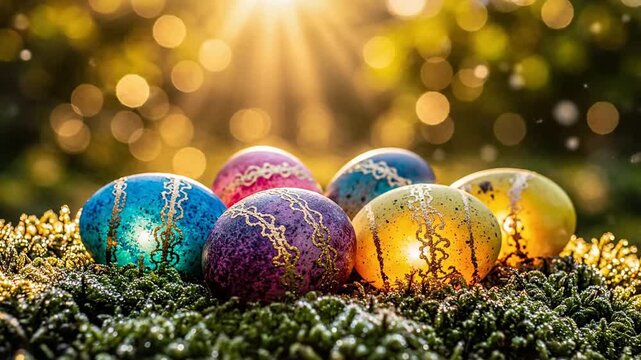 Easter eggs on green moss sunny.