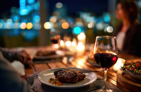Romantic dinner setting with steak, wine, and a woman enjoying an evening meal at a warmly lit outdoor restaurant