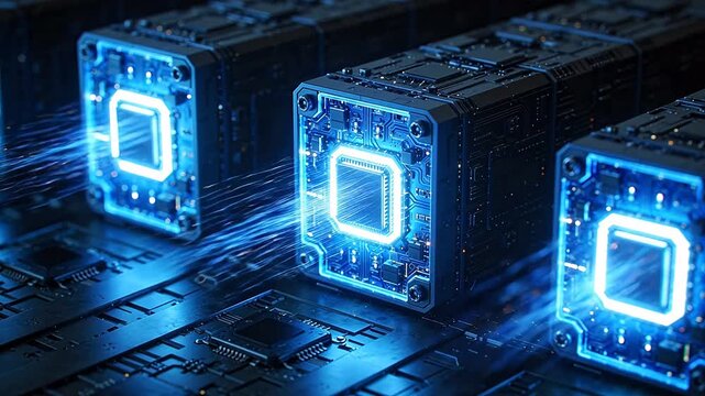 Transparent cube devices with blue glowing cores on circuit board