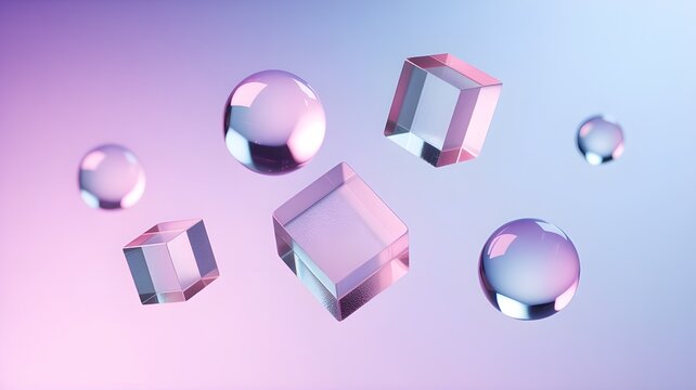 Abstract floating transparent glass cubes and spheres on pink and blue gradient background.