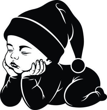 Black and white of a sleeping baby wearing a nightcap infant child