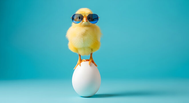 A small yellow chick wearing sunglasses stands on a white egg