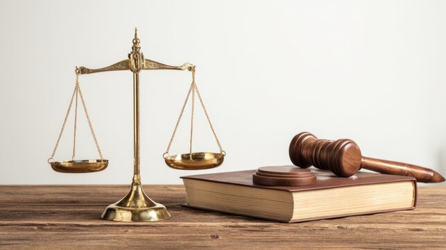 Scales of justice and wooden gavel on a law book located on a wooden surface