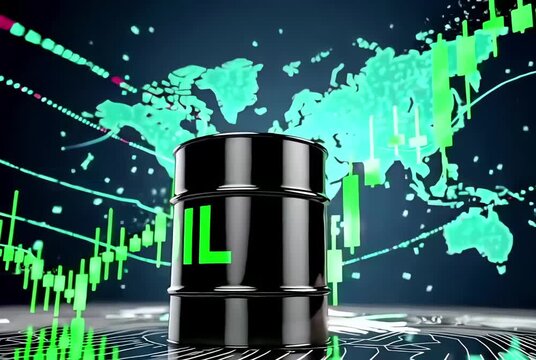 Black crude oil barrel with declining stock market chart, representing price stabilization as geopolitical tensions ease for global energy market recovery and economic balance.