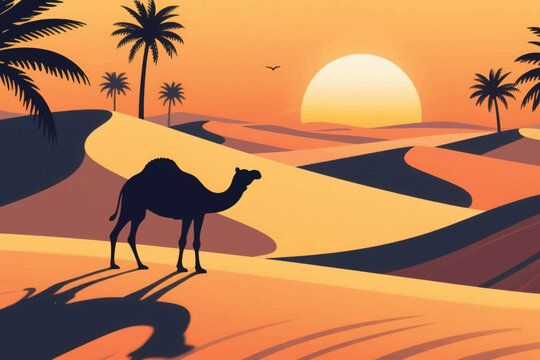 Camel In The Desert With Sunlight Illustration Creative Design Template 
