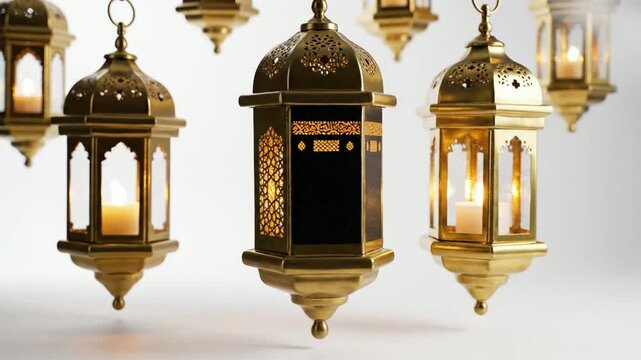 Golden lanterns with glowing candles ornate design overhead shot white background