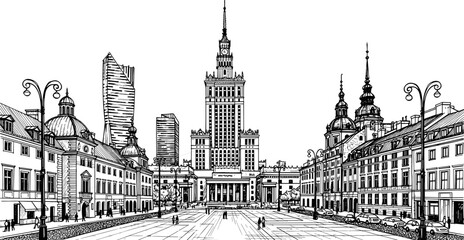 Warsaw City Panorama With Palace Of Culture And Science Skyscraper Historic Buildings And Street Lights Vintage Architecture Vector Illustration Isolated © Delowara