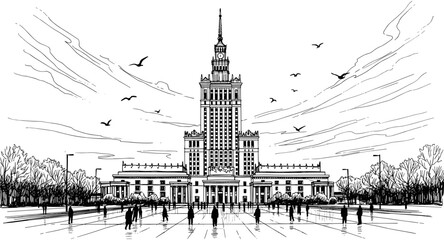 Palace Of Culture And Science In Warsaw Poland Skyscraper Building With People In City Square Vintage Architecture Vector Illustration Isolated © Delowara