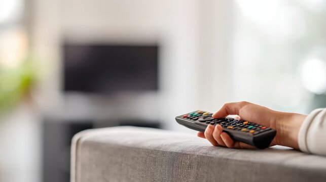 Person holding TV remote control on couch in living room with blurred television, relaxing at home.