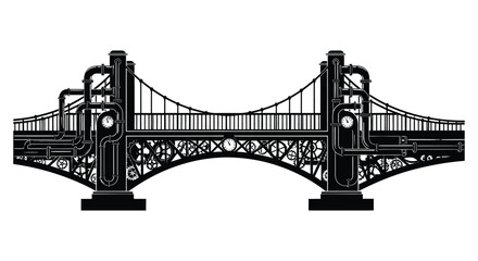 Fototapeta premium An intricate black and white illustration of a steampunk style bridge with detailed mechanical elements presented as a silhouette high quality professional