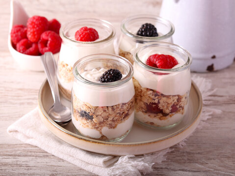 Summer dessert with cream and berries