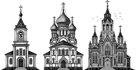 Orthodox Christian Church Buildings Set With Onion Domes Bell Towers And Crosses Vintage Russian Architecture Vector Illustration Isolated On White © Delowara