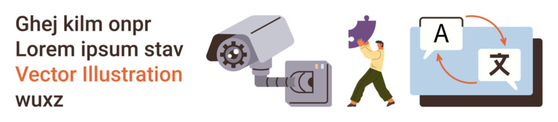 Surveillance, privacy, translation, globalization, communication, identity verification. High-tech camera and person with language interface. Cybersecurity and translation concepts © robu_s