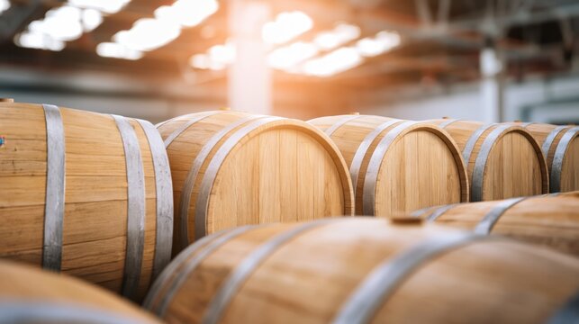 Row of wooden barrels in a distillery warehouse with warm light.