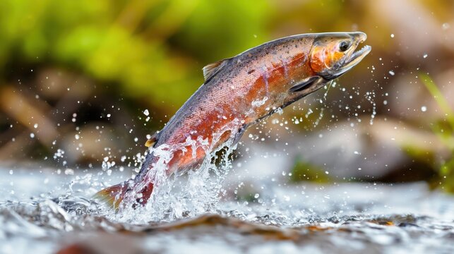 Wild trout leaps from rushing river with splashing water in vivid nature scene