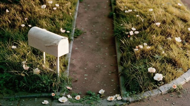 White curbside mailbox beside narrow garden path with blooming wildflowers on a sunny suburban corner.