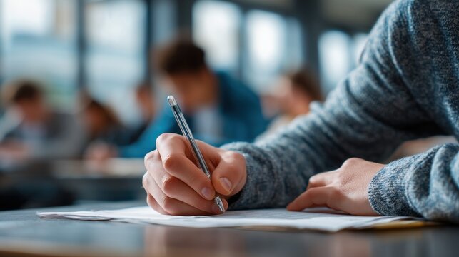 Close-up of a student&rsquo;s hand holding a pen while writing answers on an exam sheet. The scene represents the concept of final school exams (Matura), studying, and academic assessment. 