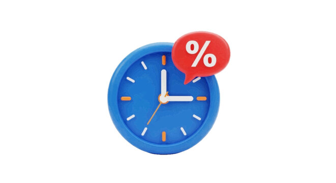 Vector illustration&nbsp;of 3d render of a blue clock with a red percentage sign speech bubble on a transparent background