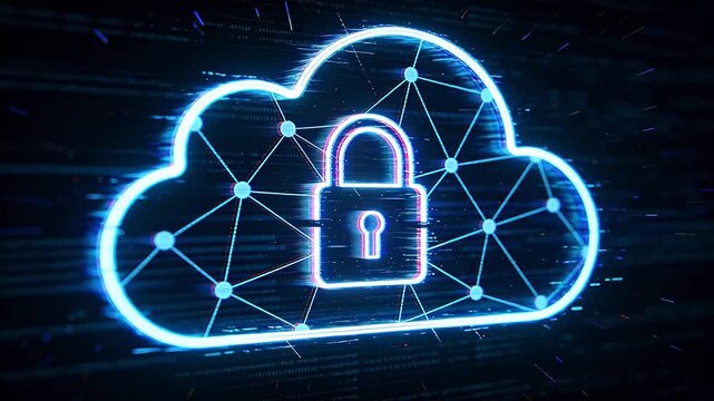 Digital cloud security lock icon with glowing network lines