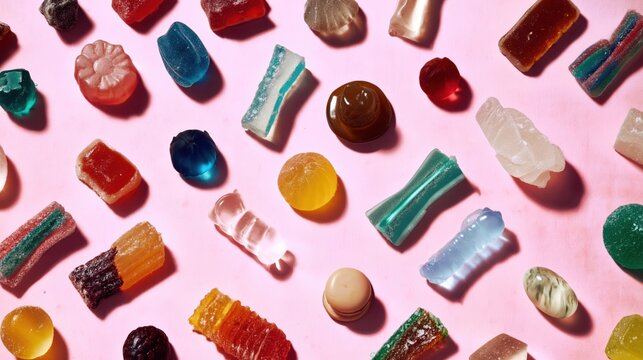 Colorful hard candies arranged in diagonal rows on pink background, flat lay with strong shadows.