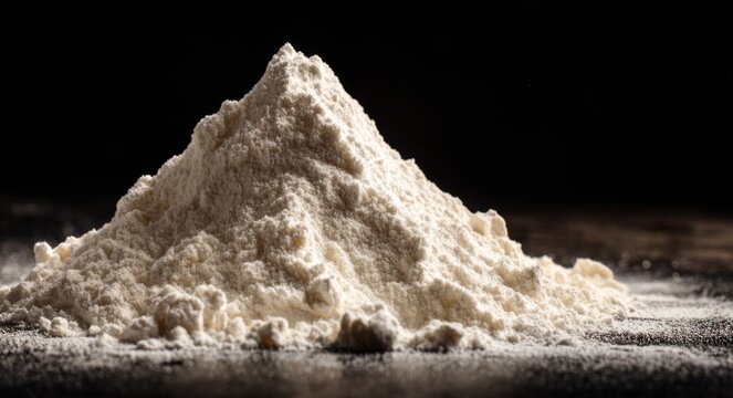 Close-animated movie view of fine white flour piled on a surface with a dark background, highlighting its powdery texture and soft consistency