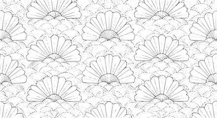 Seigaiha wave seamless pattern with feather fan motifs vector coloring page decorative Japanese design © MdAmzad