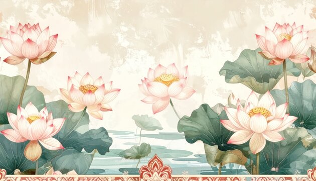 Serene Watercolor Lotus Flowers Blooming in Tranquil Pond.