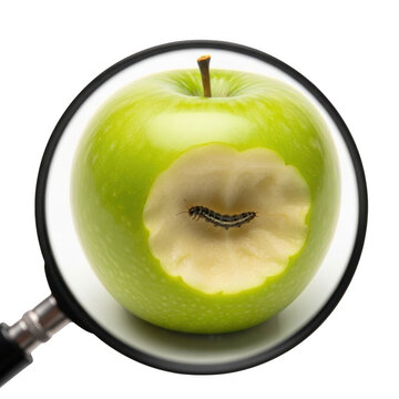 Green apple with bite taken under magnifying glass isolated on transparent background
