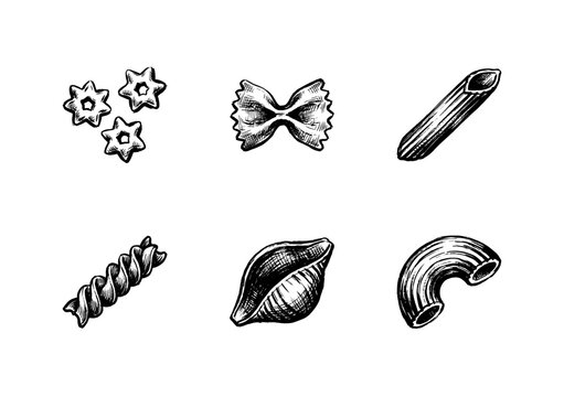 Italian Pasta Varieties and Traditional Flour Products in Hand-Drawn Inky Brushstroke Style