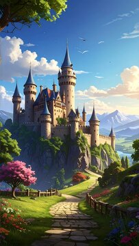 A fantasy castle on a hill with a winding path and flowers