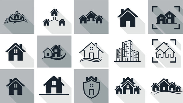 Diverse collection of minimalist logo designs featuring houses and buildings for real estate and construction branding.