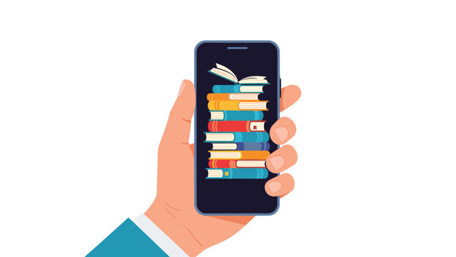 Hand holding a smartphone displaying a tall stack of colorful books on the screen representing digital education.