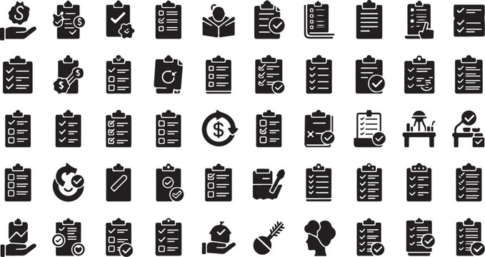 Collection of business and finance icons on clipboard