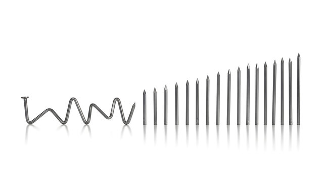 Bent nail gradually straightening into a row of upright nails on white background