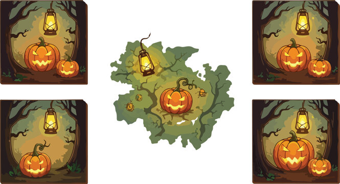Spooky Halloween pumpkin lanterns in dark forest, glowing jack-o-lanterns with vintage oil lamp, eerie autumn night scene vector collection for holiday greeting cards