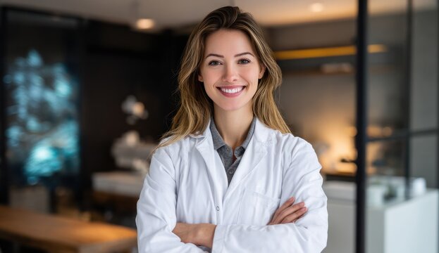 Confident female dentist in modern office setting wearing white coat and smiling