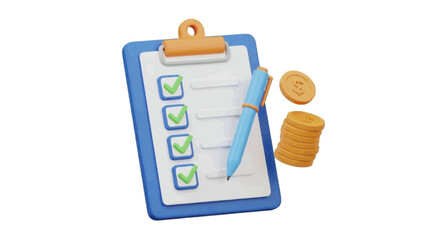 Vector illustration&nbsp;of 3d illustration of a clipboard with a checklist, pen, and stack of gold coins on a transparent background