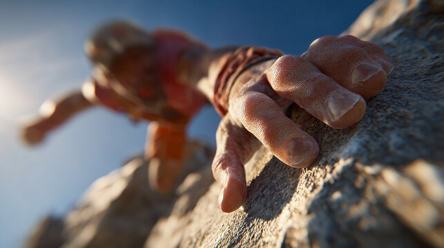 Climber grips rock face with determined, sandy-covered hands