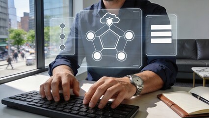 Fototapeta premium Businessman typing on keyboard with holographic cloud security interface modern office window background cyber protection data encryption futuristic technology concept digital